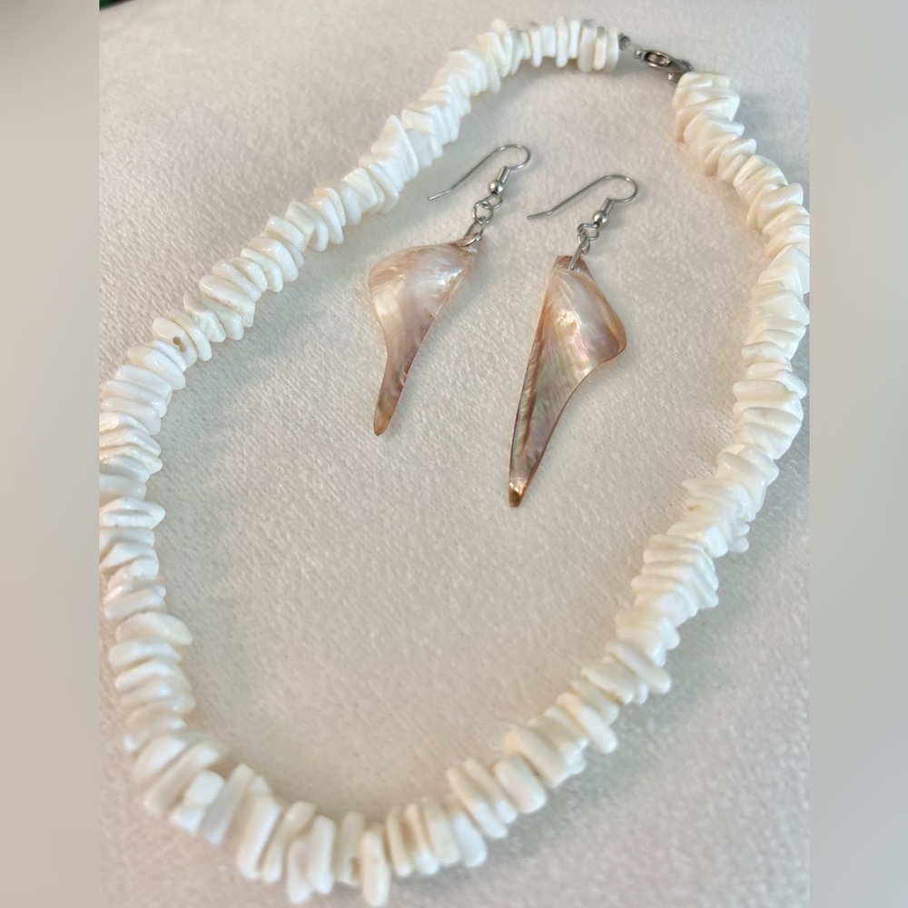 Coastal Puka Shell Necklace Set Mother of Pearl Drop Earrings Boho Beach Summer